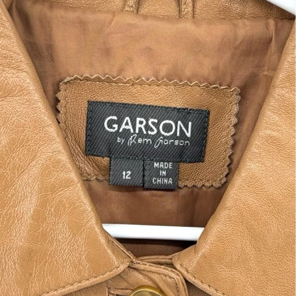 Rem Garson Camel Brown Button Front Leather Jacket Women 12 Sophisticated Money